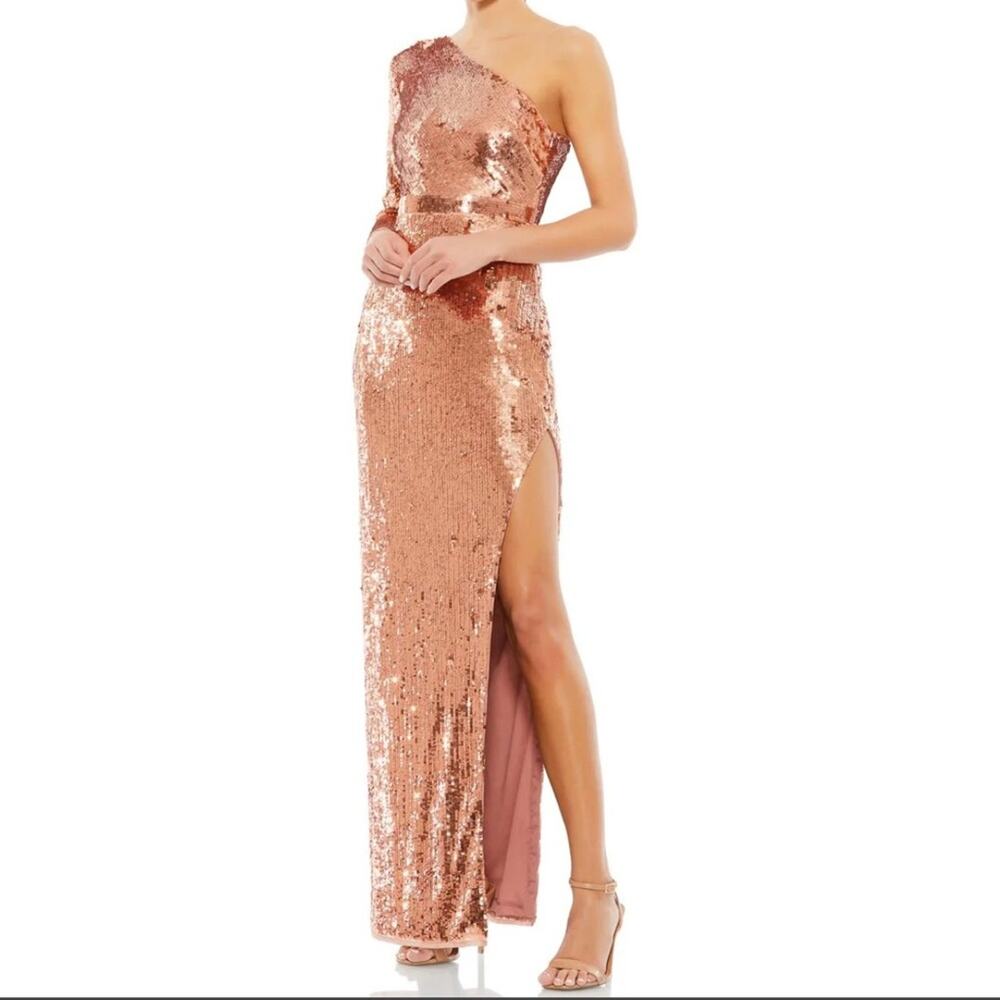 Mac Duggal Orange Sequined One Sleeve Column Gown 10788 Women’s Sz 8